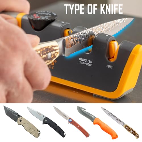 Smith's Adjustable Angle 2-Stage Knife Sharpener - Grey/Yellow, Restores Blades for Hunting, Pocket & Serrated Knives