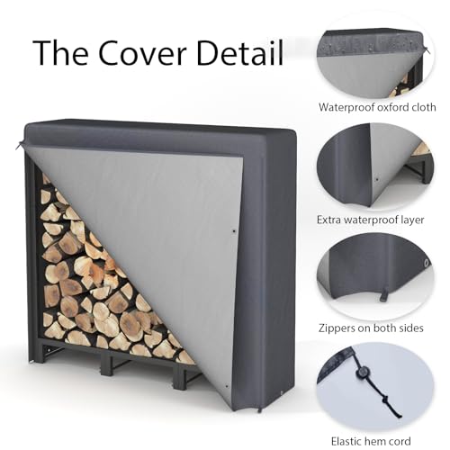 NEOCOZY 4FT Firewood Rack Outdoor with Cover, Heavy Duty Wood Holder with Log Carrier, Adjustable & Waterproof Log Holder Wood Storage Stand for Fireplace Patio Outdoor, Black