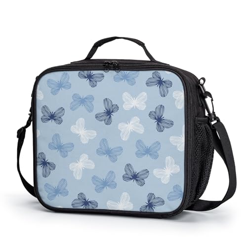 Dacawin Blue Butterfly Lunch Box Cute Butterflies Lunch Bag for Girls Boys Kids Teens Insulated Lunchbox Reusable Lunch Cooler Tote Bags Thermal Lunch Pail with Shoulder Strap for School Picnic