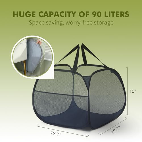 90L Large Capacity Pop Up Mesh Laundry Hamper Collapsible，Large Opening Clothes Hampers, Portable Mesh Laundry Bags for Laundry, Bathroom, Beach, Outdoors and Travel (1 Pack Grey)