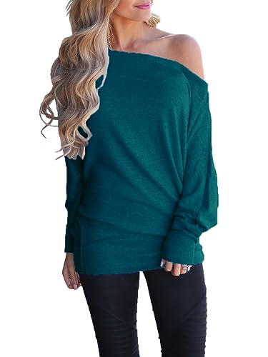 Poetsky Womens Casual Long Sleeve Boat Neck T Shirts Blouses Loose Solid Color Tunic Tops Dark Blue M