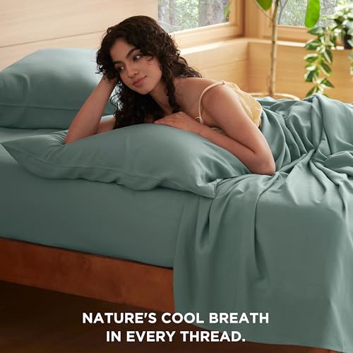 Bedsure Cooling Sheets for Queen Size Bed, 4 Pcs Blend of Rayon Derived from Bamboo Linen Sheets, 15" Deep Pockets, Silky Ultra Soft Breathable for Hot Sleepers - Blue