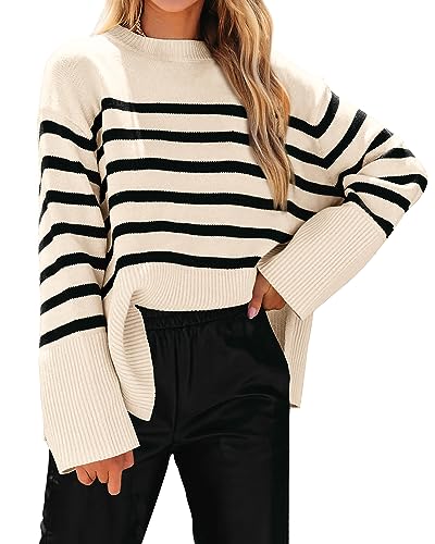 KIRUNDO Women's Striped Knit Oversized Fall Sweaters 2024 Trendy Clothes Crewneck Winter Pullover Sweater Side Split(White, Medium)