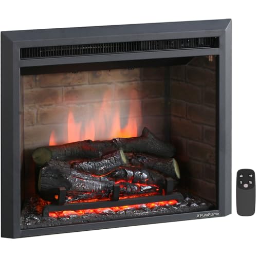 PuraFlame Western Electric Fireplace Insert with Fire Crackling Sound, Remote Control, 750/1500W, Black, 22 53/64 Inches Wide, 20 3/64 Inches High
