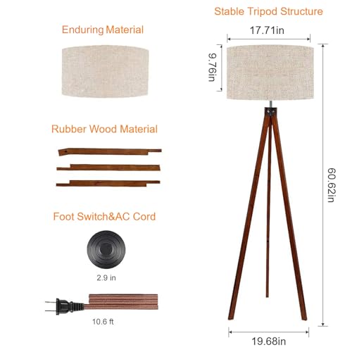 LEPOWER Wood Tripod Floor Lamp, Mid Century Standing Lamp, Modern Design Studying Light for Living Room, Bedroom, Study Room and Office, Flaxen Lamp Shade with E26 Lamp Base Walnut