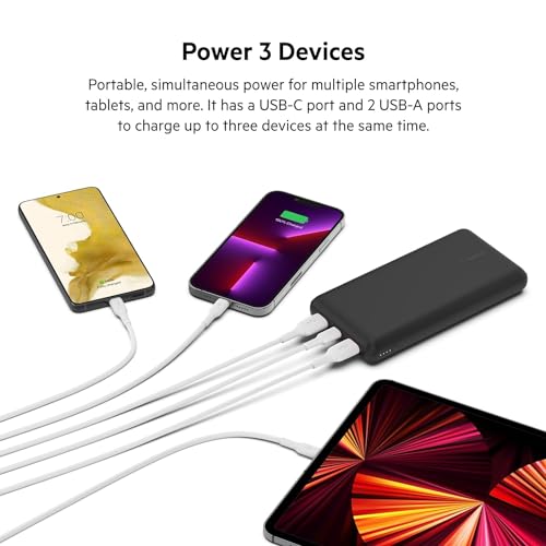 Belkin Power Bank, BoostCharge USB-C Portable Charger 20k w/ 1 USB-C Port and 2 USB-A Ports with USB-C to USB-A Cable for iPhone 16, 16 Pro, 16 Pro, 16 Pro Max, Samsung Galaxy S24, & More - Black