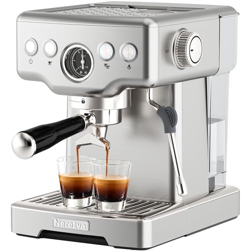 Neretva Espresso Machine 15 Bar, 2 in 1 Professional Coffee and Espresso Maker Combo 1450W Stainless Steel Espresso Coffee Machine for Home Barista Espresso Latte Macchiato and Cappuccino Maker-Silver