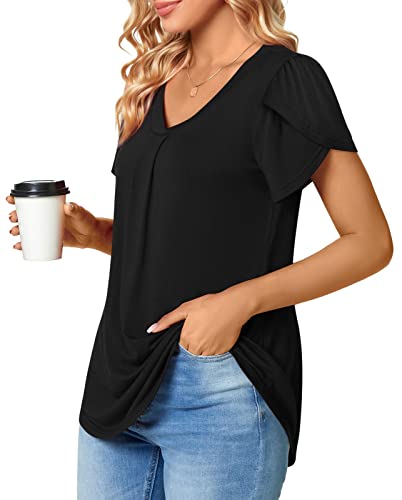 Bestbee Women's Short Sleeve Tops V Neck Petal Sleeve Shirts 2024 Cute Summer Casual T-Shirts Loose Fit Blouses, L, Black