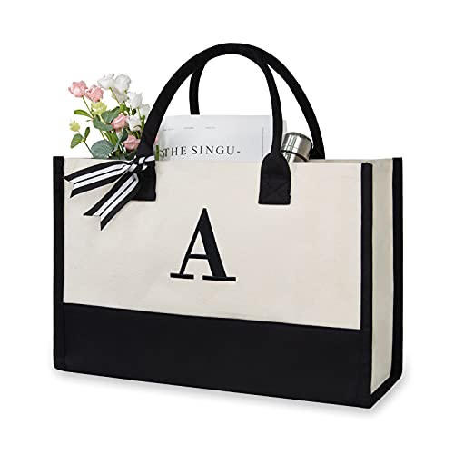 TOPDesign Embroidery Initial Canvas Tote Bag, Personalized Present Bag, Suitable for Wedding, Birthday, Beach, Holiday, is a Great Gift for Women, Mom, Teachers, Friends, Bridesmaids (Letter A)