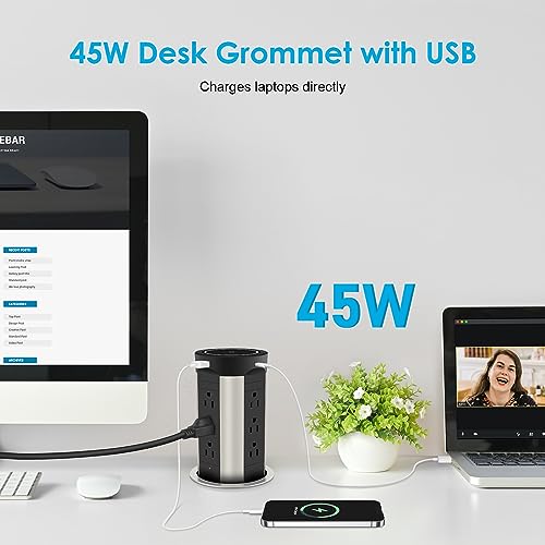 HEZI 4" Pop Up Countertop Outlet with 15W Wireless Charger, Max 45W Power Delivery,15A Tamper Resistant 1200J Surge Protection, Pop Up Electrical Receptacle with 12AC 2 USB-A 2 USB-C for Home Office
