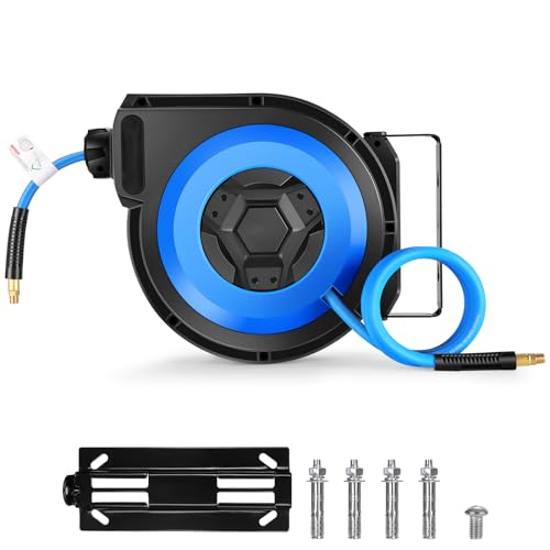 Air Hose Reel 50FT Retractable, Ceiling/Wall Mount Penumatic Hose Reel for Garage Workshop, Automatic Rewind, 3/8" x 50' Hybrid Air Hose Reel with Brass Fittings + Bend Restrictors, 300PSI