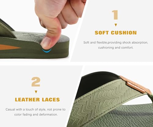 KuaiLu Men's Leather Flip Flops Arch Support Summer Beach Pool Water Thong Sandals Waterproof Rubber Walking Shoes Slip on Orthotic Casual Sport Cushioned Wide Slides Shower Slippers Brown Size 8