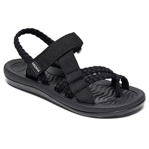 MEGNYA Ladies Supportive Walking Dressy Sandals, Cushion Rubber Insole Sandals for Outdoor Adventure, Comfortable Flip Flop Water Sandals with Cute Hook and Loop Straps Black Grey Size 6