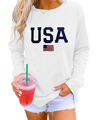 Dressmine Womens Usa Sweatshirt Long Sleeve Crewneck Sweater Graphic Tee Knit Pullover Sweater White 02 Medium