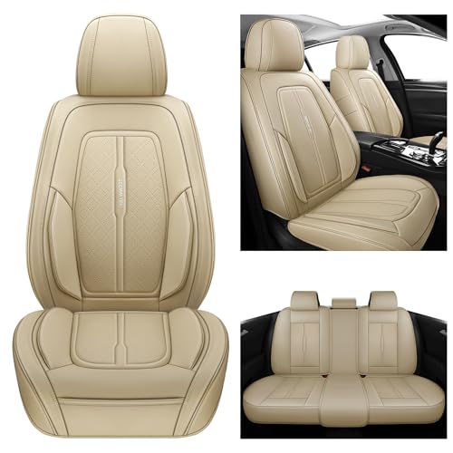 GEEMAYTEK Car Seat Cover Front Seat, Leather Seat Cover for Cars, 2Pcs Waterproof Beige Seat Cover Car Seat Protector Cushions Universal Fit for Most Cars & SUV Trucks