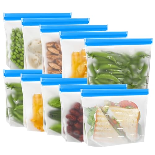 IDEATECH 10Pack Reusable Sandwich Bags Dishwasher Safe, Leakproof Reusable Quart Freezer Bags, BPA Free Food Storage Bags Stand Up, Plastic Free Reusable Silicone Quart Ziplock Bags for Travel(10Pack)