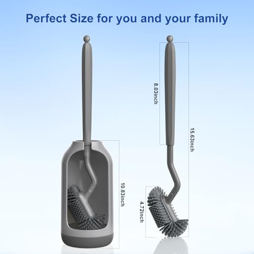 HAMITOR Toilet Bowl Brush Holder Set: Deep Cleaning Silicone Toilet Cleaner Scrubber Under Rim with Curved Bristle for Bathroom Dead Corner Clean - Modern Rv Toilet Decorative Accessories - Gray