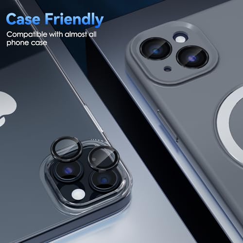 CloudValley for iPhone 15 Plus/iPhone 15 Camera Lens Protector, Ultra-HD Tempered Glass Camera Cover [Case-Friendly] Metal Individual Lens Screen Protective Ring, Black