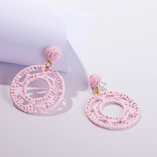 Statement Raffia Earrings Boho Dangle Drop Earrings Cute Handmade Fashion Earring Summer Beach Jewelry for Women(Pink Round Braid)