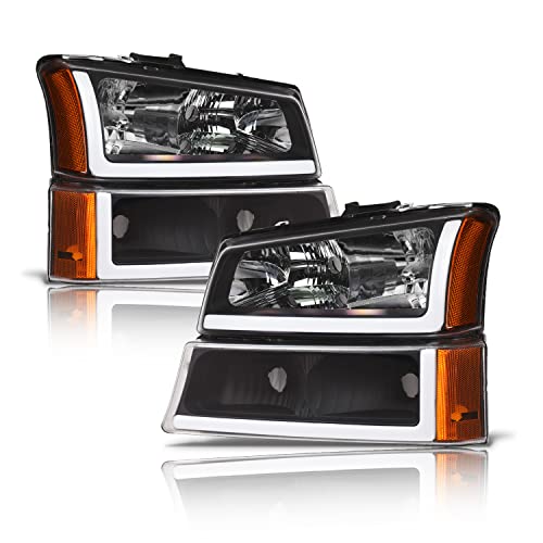 Alpha Owls 8712160 Crystal Headlights With Signal Bumper Lamps & White LED Light Bar 4-Pieces - Black Amber Fits 2003-2006 Chevy Silverado / 2007 Classic Body