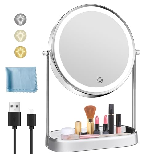 FASCINATE 10X Lighted Makeup Mirror with Storage, Rechargeable Magnifying Mirror with Lights 8", Brightness Adjustable, Double Sided 360°Rotation, Table Vanity Mirror 3 Color with Magnification