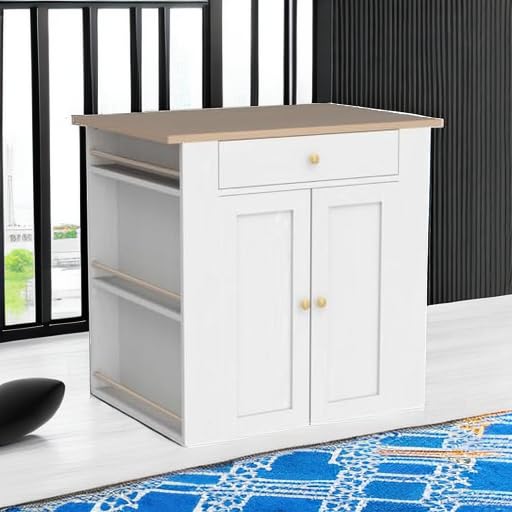 IRONCK Kitchen Island with Storage, Large Organized Storage Space with Power Strip, 2-Door Cabinet and 2 Open Shelves/Dual Side Drawers/5 Open Spice Racks, 29.5" D x 39.4" W x 37.8" H, White