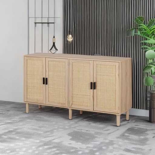 Finnhomy 4 Door Sideboard Buffet Cabinet, Kitchen Storage Cabinet with Rattan Decorated Doors, Cupboard Console Table, Boho Accent Liquor Cabinet, Bar Cabinet, 62.3X 15.7X 34.6 Inches, Natural