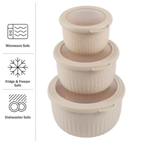 Classic Cuisine Set of 3 Bowls with Lids - Microwave, Freezer, and Fridge Safe Nesting Mixing Bowls - Eco-Conscious Kitchen Essentials (Beige), S, M, L