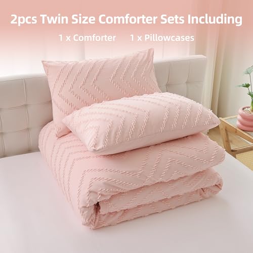 YIRDDEO Pink Twin Size Comforter Set 2Pcs, Boho Farmhouse Blush Twin Size Bedding Set, Vertical Tufted Twin Bed Set, Lightweight Neutral Twin Bedroom Set (1 Comforter 1 Pillowcase)