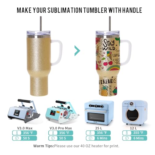 PYD Life 40 OZ Sublimation Tumblers with Removable Handle and Straw Lid Glitter Gold Blanks for 40 OZ Tumbler Heat Press Sublimation Oven Printing 2 Pack