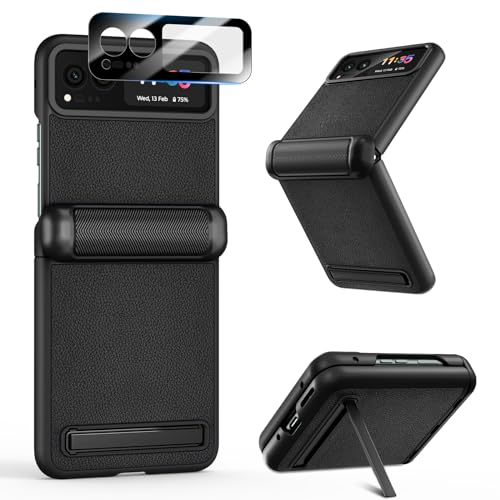 VEGO for Motorola Razr 2023 Case with Hinge Protection [Not fit Razr Plus 2023], Built-in Screen Protector & Kickstand PU Leather Full Body Protective Shockproof Case for Motorola Razr 2023 - Black