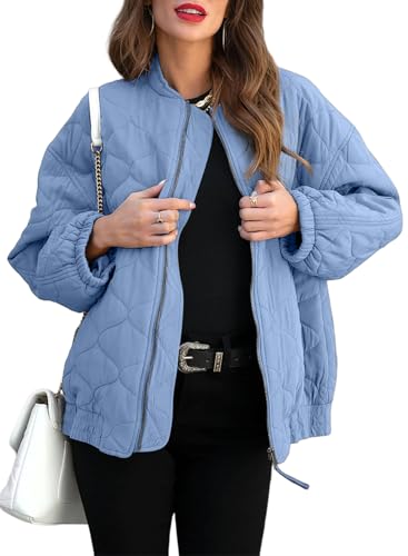 EVALESS Jackets for Women Fashion 2023 Winter Coat for Women Business Casual Diamond Quilted Shacket Jackets Lightweight Collar Long Sleeve Zip Up Puffer Grey Jacket with Pockets, Small