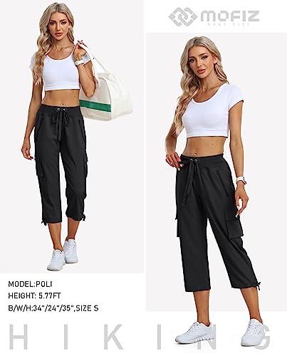 MoFiz Women's Cargo Capris Pants Loose Fit Casual Hiking Pants Lightweight Quick Dry Travel Summer Pants for Women Black XS