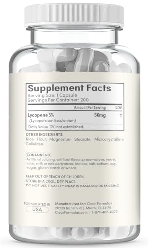 Clear Formulas Lycopene 50mg 200 Vegetarian Capsules (Non-GMO & Gluten Free)