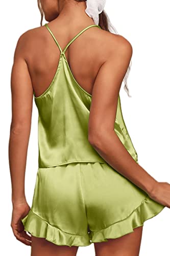 CHYRII Women's Sexy Silk Satin PJS Racerback Cami Tops and Ruffled Hem Shorts 2 PCS Pajamas Sets Nightwear Red S