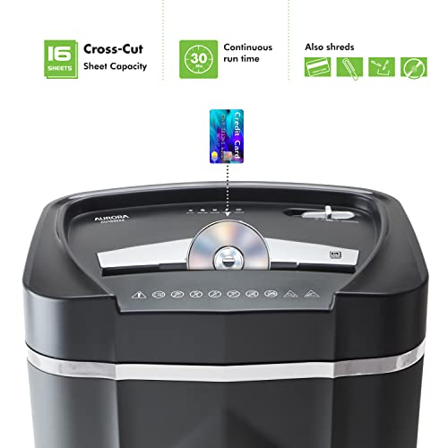 Aurora Anti-Jam 16-Sheet Crosscut Paper/CD and Credit Card Shredder/ 5-Gallon pullout Basket 30 Minutes Continuous Run Time