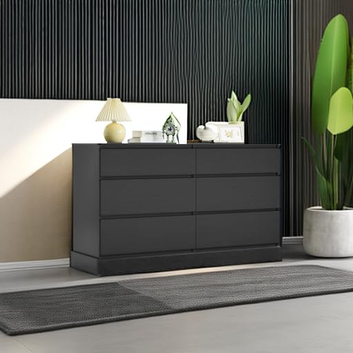 Hasuit 6 Drawer Double Dresser, 51.5''W Wooden Storage Chest of 6 Drawers, Large Capacity Clothing Storage Cabinet, Wide Black Dresser for Bedroom