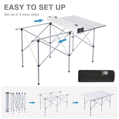 EVER ADVANCED Camping Table, Fold up Lightweight, 4-6 Person Portable Roll up Aluminum Table with Carry Bag for Outdoor, Support Up to 110LBS, Black