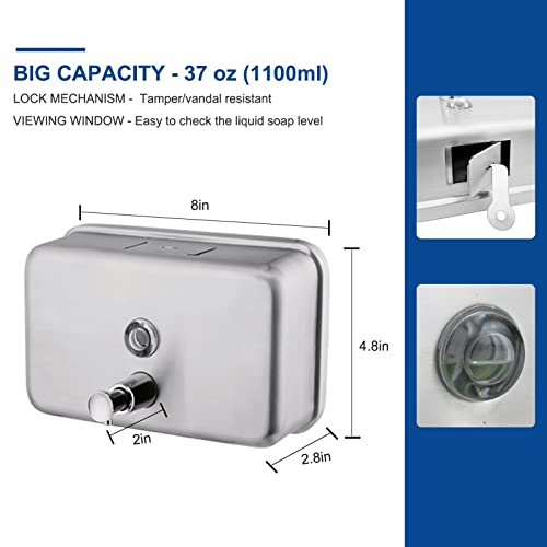 VANNSOO Commercial Wall Mount Stainless Steel Soap Dispenser, Rust-Proof Lining Liquid Hand Sanitizer Dispenser Bathroom 1100 ml / 37 oz. (Horizontal)
