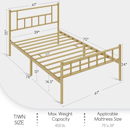 Yaheetech 13 inch Twin Size Metal Bed Frame with Headboard and Footboard Platform Bed Frame with Storage No Box Spring Needed Mattress Foundation Black