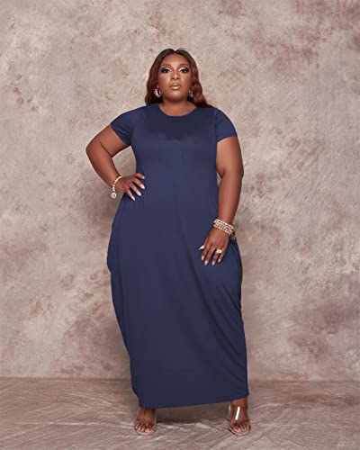 YeGine Women's Oversize T-Shirt Dress Baggy Casual Maxi Dress with Loose Pockets Yellow Blue 2XL