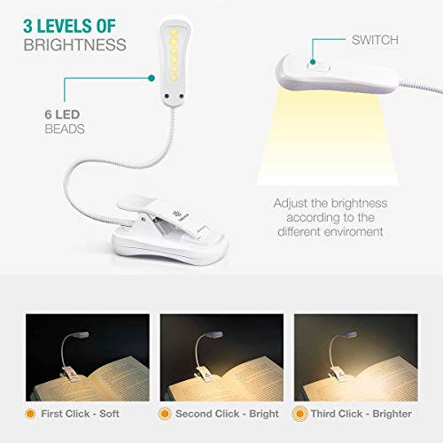 Vekkia Rechargeable 3000K LED Book Light, Easy Clip on Reading Lights for Reading in Bed. Perfect for Readers.