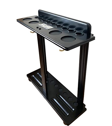 GACCO BILLIARDS Floor Pool Cue Rack Hold 9 Cue Sticks & Billiard Accessories. Corner Stand Pool Cue Holder Made of 100% Solid Hardwood with Billiard Scorer.CUE RACK ONLY (Black)