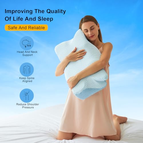 Anvo Cervical Pillow for Neck Pain Relief - Neck Pillows for Pain Relief Sleeping - Memory Foam Pillow for Neck and Shoulder Pain - Ergonomic Pillow for Side Back Stomach Sleeper-Blue Firm Queen