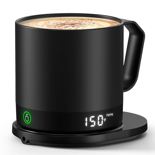 Temperature Control Smart Mug, Self-Heating Coffee Mug with Double-Sided & Real-Time Temperature LED Display, Surround Heating, Improved Waterproof Design, Gifts for Friends, Parents(Black – 14 oz)