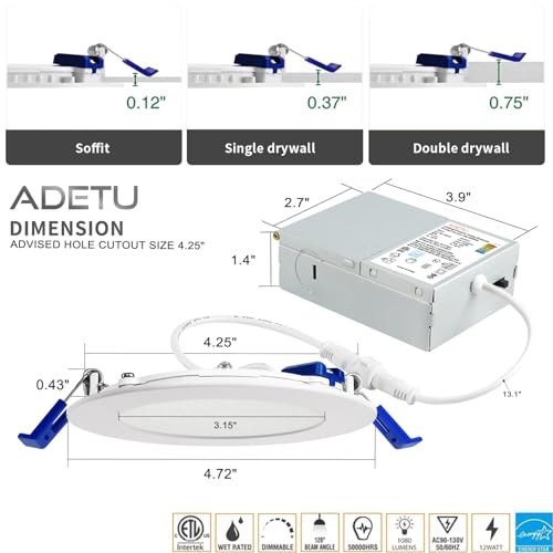 Adetu 6 Pack 4 Inch 5CCT Ultra-Thin LED Recessed Ceiling Light with Junction Box,Dimmable Canless Wafer Downlight,2700K-5000K Selectable,9W Eqv 80W,810LM High Brightness,ETL Certified