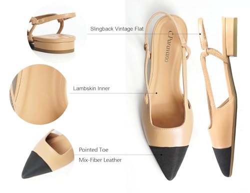 C.Paravano Women's Slingback Pumps | Pointed Toe Kitten Heels | Closed Leather Heeled Sandal | Wedding Dress Pumps Shoes (Size 11,Beige Heels)