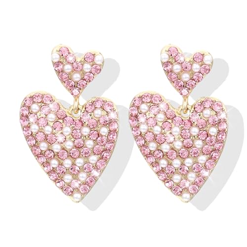 Pink Rhinestone Heart Earrings for Women Love Heart Dangle Earrings Sparkly Dangle Drop Earrings Vintage Wedding Prom Party Valentines Gifts for Her