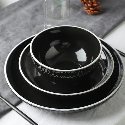 Christian Siriano Lustra Modern 16-Piece Stoneware Dinnerware Set, Plates and Bowls Set, Dinner and Salad Plates, Ramen Bowls, Dish Set for 4, Black