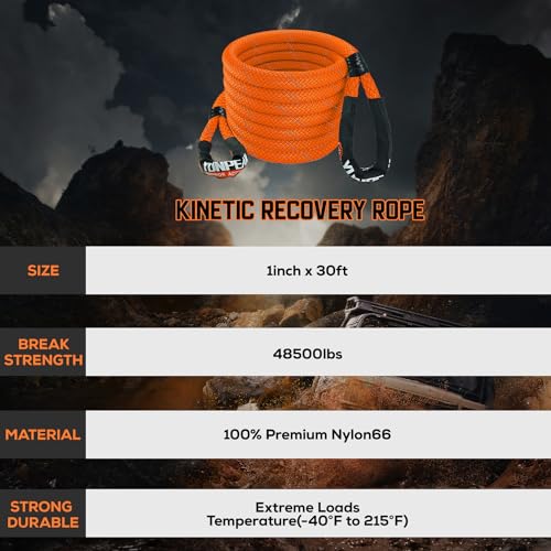 YUNPEAK Kinetic Recovery Rope (1in x 30ft - 48,500Lbs) Extreme Duty 35% Elasticity Energy Snatch Rope, Off Road Recovery Kit Kinetic Tow Rope for UTV, ATV, SUV,Trucks (Orange)